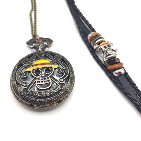 One Piece Pocket Watch & Bracelet Gift Set Anime Manga Pirate Cosplay Fashion